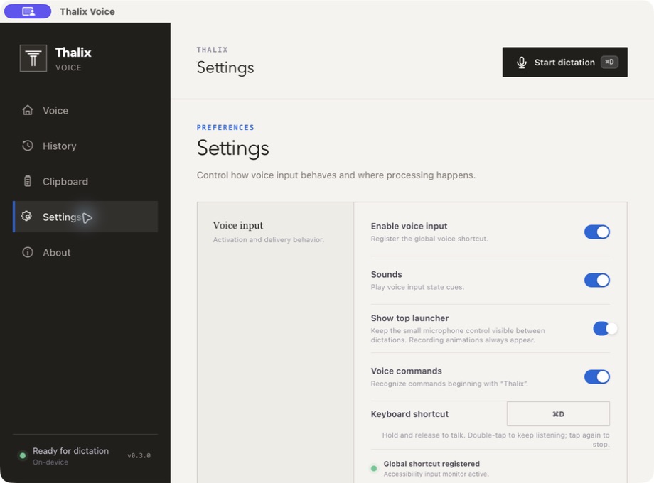Thalix Voice Settings screen on macOS with toggles for enabling voice input, sounds, the top launcher and voice commands, plus a keyboard shortcut field showing ⌘D.