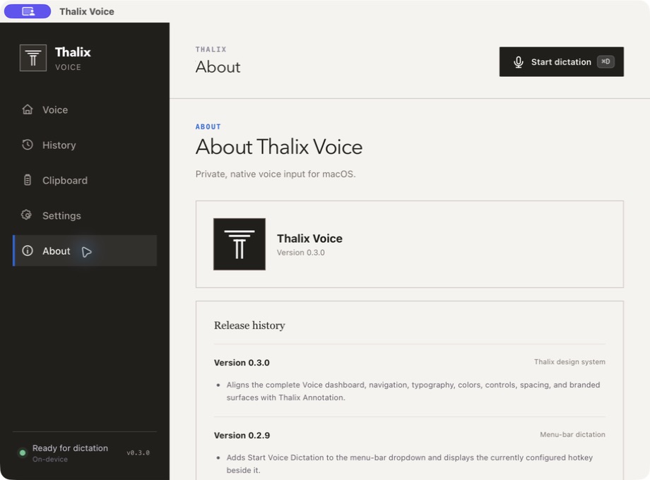 Thalix Voice About screen on macOS showing the app icon, version 0.3.0, and a release history list.